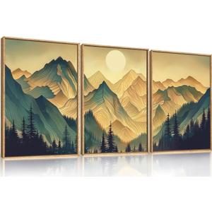 Celestdeco Mountains Forests Framed Canvas Wall Art Set, Abstract Sun Woodland Painting, Boho Scenery Sun Wall Decor, Natural Woodgrain Art Print for Living Room, Bedroom, Dining Room, Office - 16"x24"x3