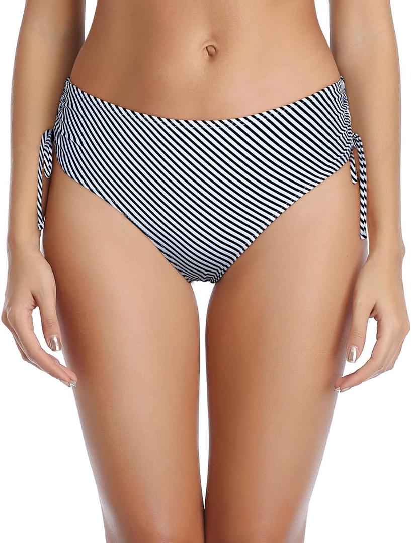 Tempt Me Women Bikini Bottoms Side Tie Adjustable Bathing Suit Swimsuit Full Coverage Swim Bottom (Large, Striped)