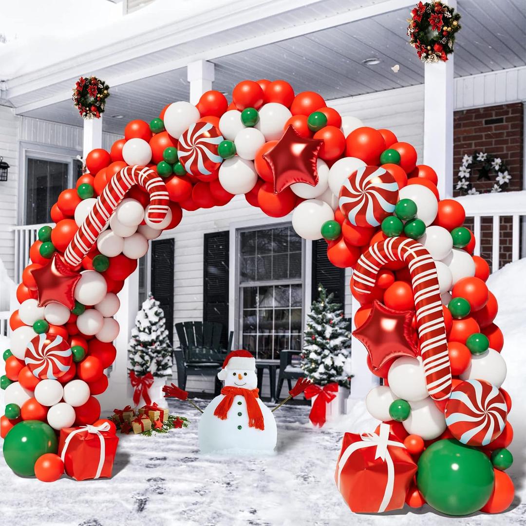 BONROPIN Christmas Balloon Garland Arch kit with Christmas Red White Candy Balloons Gift Box Balloons Red Star Balloons for Xmas Party Decorations