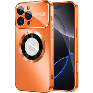 MAKAVO Magnetic for iPhone 16 Pro Max Case, Compatible with MagSafe, Built-in Camera Lens Protector, Logo View, Military Grade Drop Protection Phone Cover, Orange