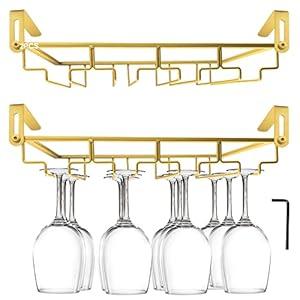 AUHOKY Adjustable Wine Glass Holder Under Shelf, Nail Free Metal Stemware Holder Storage Hanger, Hanging Wine Glasses Rack Organizer Under Cabinet Mount for Bar Kitchen (4 Rows, Gold)