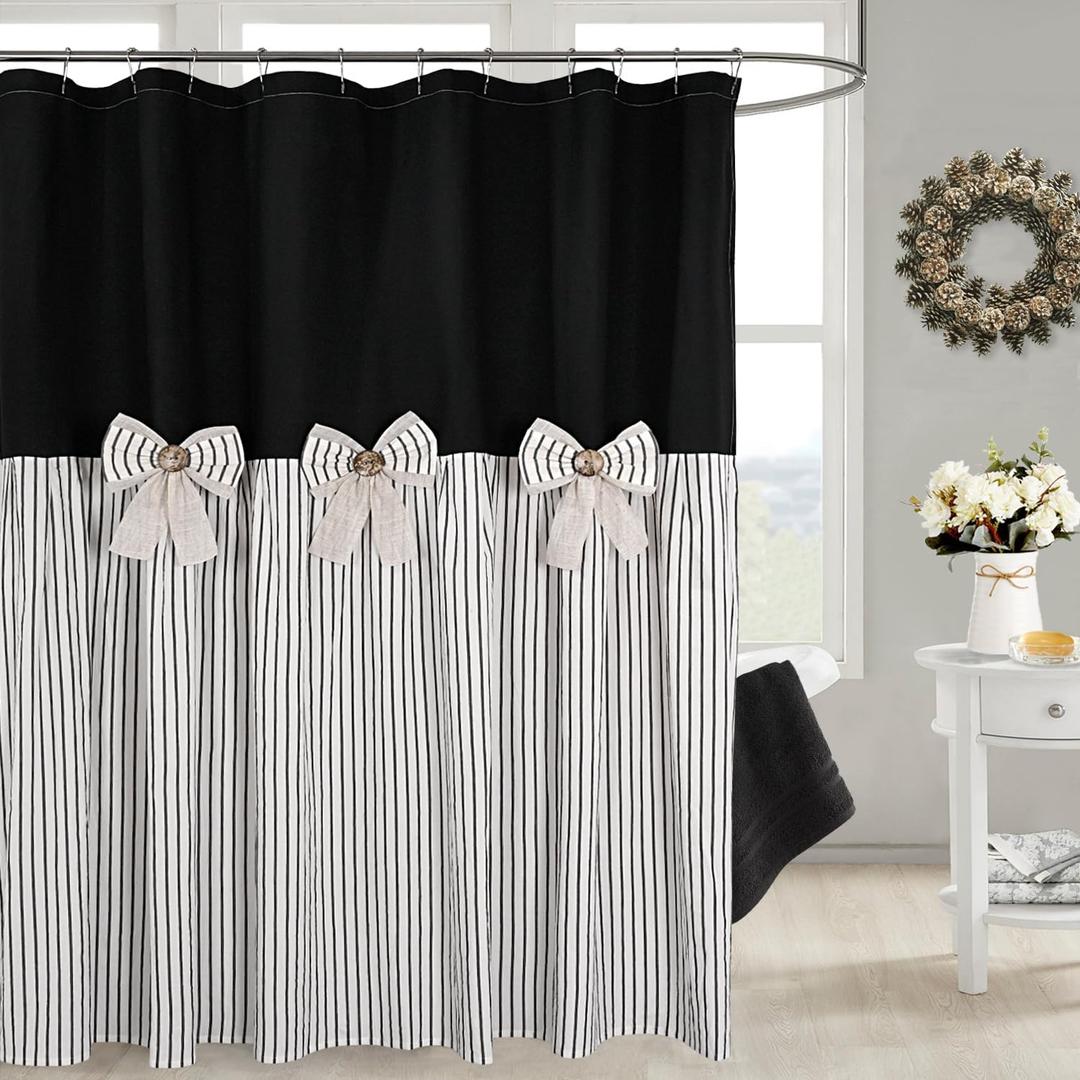 Farmhouse Black Shower Curtain,Bowknot,Cotton Woven and Cotton Blend Fabric,Pleated Black Stripe,Country Style,72x72 in