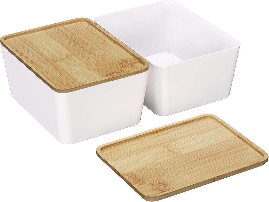 CHANCETSUI Stackable Storage Bins lids For Office: 5X7 White Storage bins, Office Desk Accessories Storage Containers with Lids, Stackable Bins for Home and Office Organization, bamboo Lid, 2 Pack