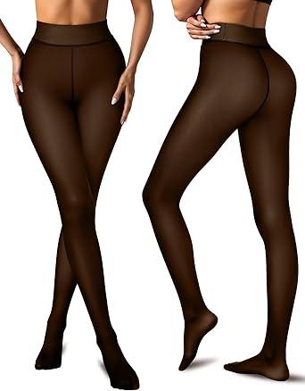 Vertvie Fleece Lined Tights Women Crotch One Seam Line Warm Sheer Pantyhose Fake Translucent Thermal Thick Tights Leggings Size XXL
