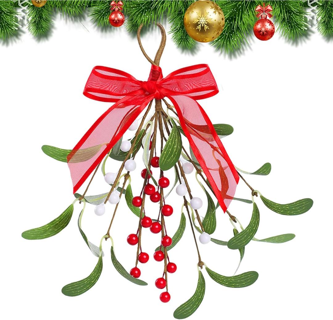 Mistletoe Christmas Decor, Artificial Mistletoe Decoration for Doorway Hanging Christmas Ornament Kissing Ball Artificial Glitter Leaf Hanging Decoration for Couple