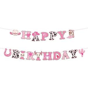 Western Cowgirl Birthday Banner, Pre-Strung Wild West Coquette Party Decorations Retro Western Theme Happy Birthday Banner for Girl Bday Parties First Rodeo Party Supplies
