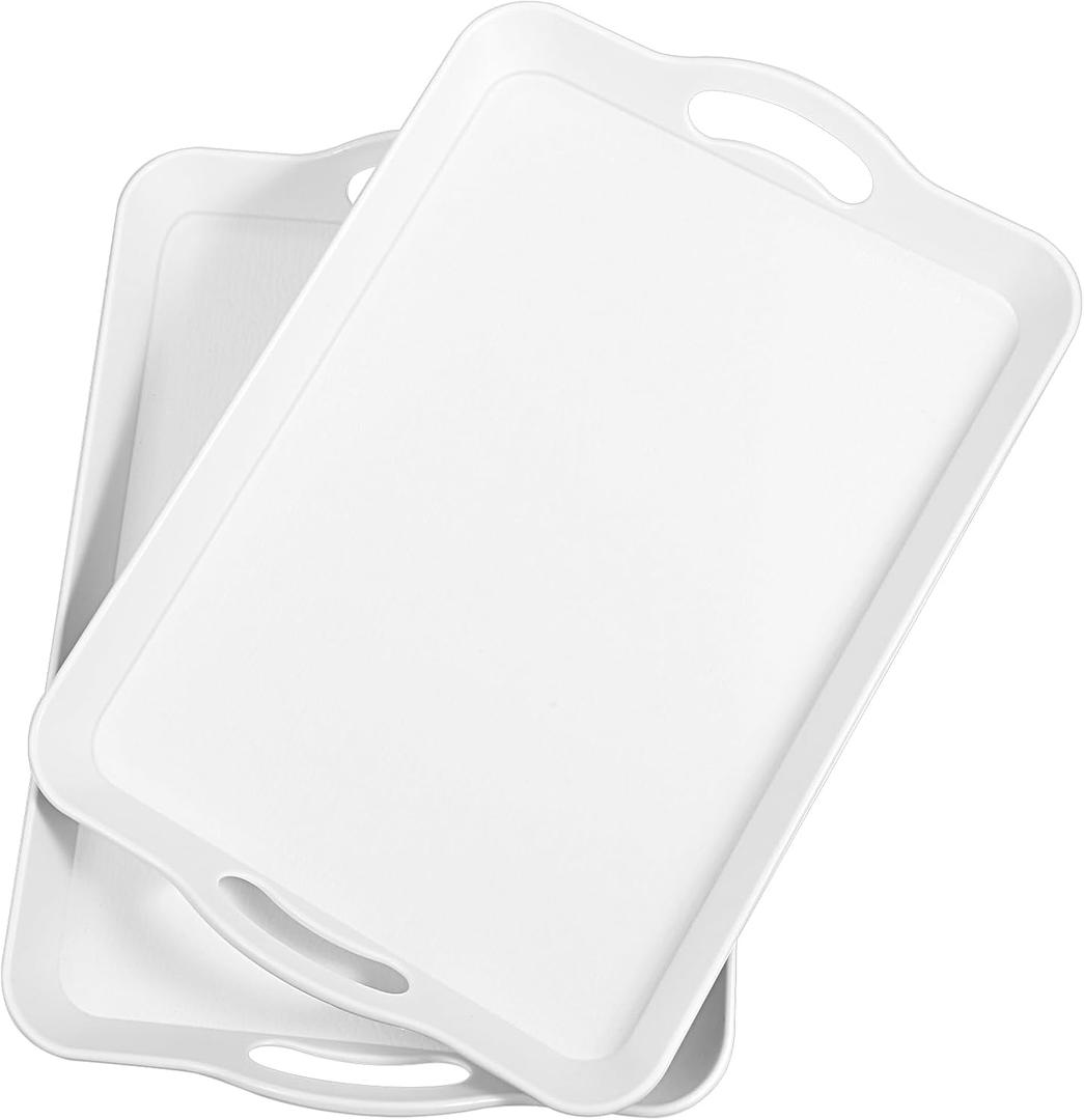 2 Pcs Serving Platters and Trays, 16" x 10" Rectangle Melamine Serving Platter Large Servings Dishes White Reusable Tray for Wedding Decor Snack Fruit Desserts Pantry Organization