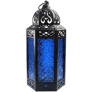 Vela Lanterns 12" Metal Moroccan Decorative LED Fairy Light Candle Lantern Holder for Hanging or Table, Indoor Home Decor, Outdoor Patio or Porch, Weddings, Cobalt Glass, Large