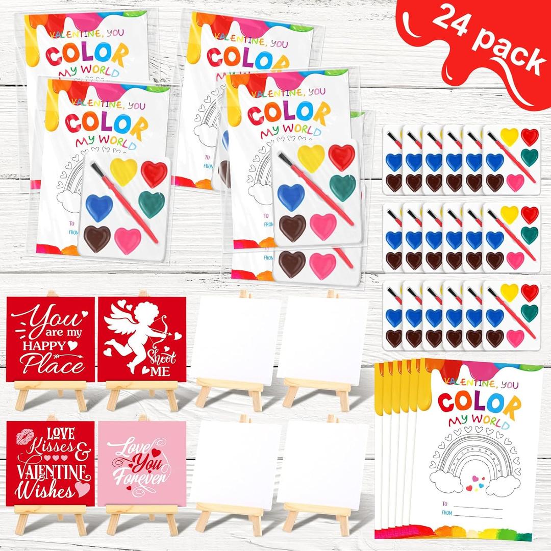 24 Sets Watercolor Paint Sets for Valentine's Day Gifts Includes 24 Valentine's Day Cards,Watercolor Paint and Canvas Panel with Wooden Easel Valentines Exchanges Gift Party Favor(Novel Style)