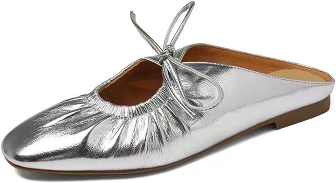 Women's Wrinkled Leather Lace Up Flat Mules Fashion Closed Square Toe Slip-On Slingback Ballet Flats Comfortable Casual Dressy Date Office Work Shoes