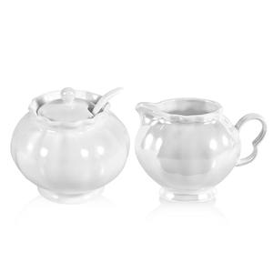 Pearl Luster Sugar and Creamer Set, 8oz Cream Pitcher, 9oz Sugar Bowl with Lid and Spoon, Cream and Sugar Container, Elegant Kitchen & Home Decor, Gifts for Housewarming