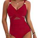 Blooming Jelly Womens One Piece Swimsuit Metal Modest Tummy Control Bathing Suit Slimming Full Coverage Mesh Swim Suits L, Red