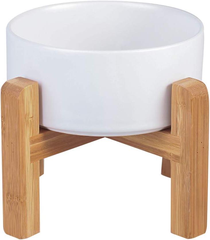 Ceramic Elevated Raised Cat Bowl with Wood Stand No Spill Pet Food Water Feeder Cats Small Dogs (Medium, White)
