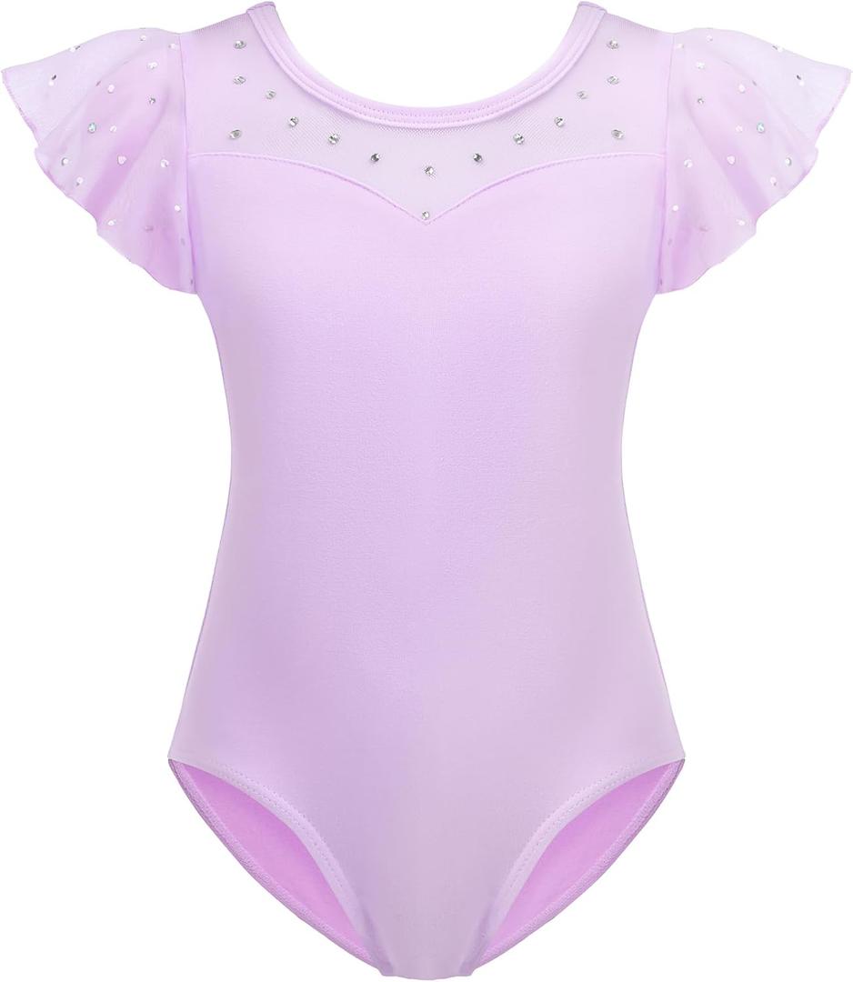 Zaclotre Girls Ruffle Sleeve Ballet Leotards Toddler Mesh Dance Leotard Sparkly Gymnastics Outfits (3-4T, Lilac)