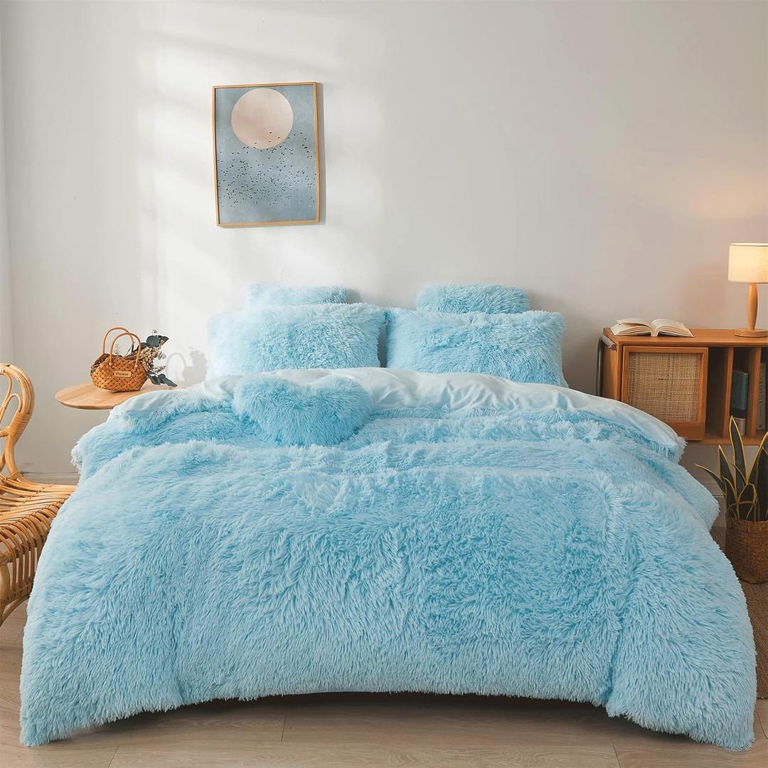 Fluffy Blue Comforter Cover Set Queen - Ultra Soft Plush Bedding Sets 3 Pieces (1 Faux Fur Duvet Cover + 2 Faux Fur Pillow case) Bed Set (Queen, Blue)