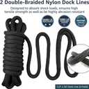 2 Pack 1/2" x 20' Dock Lines - Marine Grade Nylon Boat Rope with 12" Loop for Docking and Mooring - Double Braided Boat Lines, High Strength, Easy Handling, Fray Resistant - Black
