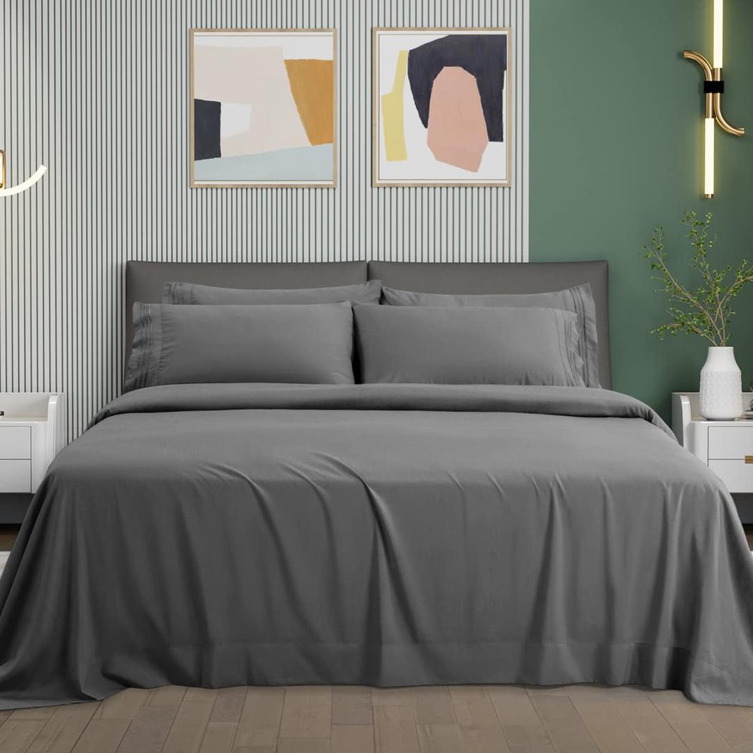 King Bed Sheets Set - Super Soft Brushed Microfiber 1800 Thread Count - Breathable Luxury Egyptian Sheets 16-Inch Deep Pocket - Wrinkle and Hypoallergenic-4 Piece(King, Dark Grey)