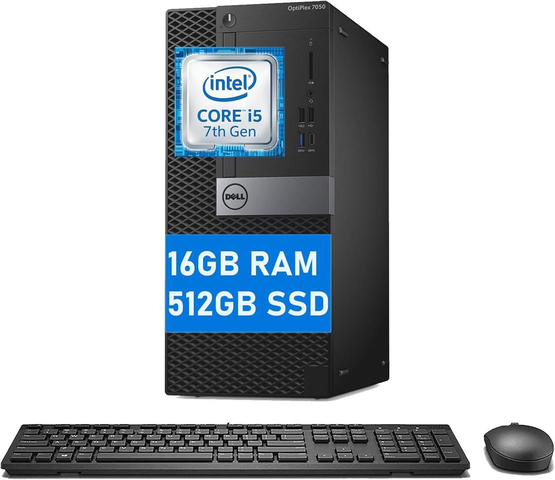 Dell Optiplex 7050 MT Desktop Computer PC, 7050 Mini Tower, Quad Core i5-7500 3.4GHz up to 3.80GHz, 16GB RAM, 512GB SSD, Wireless Keyboard, Win10 pro