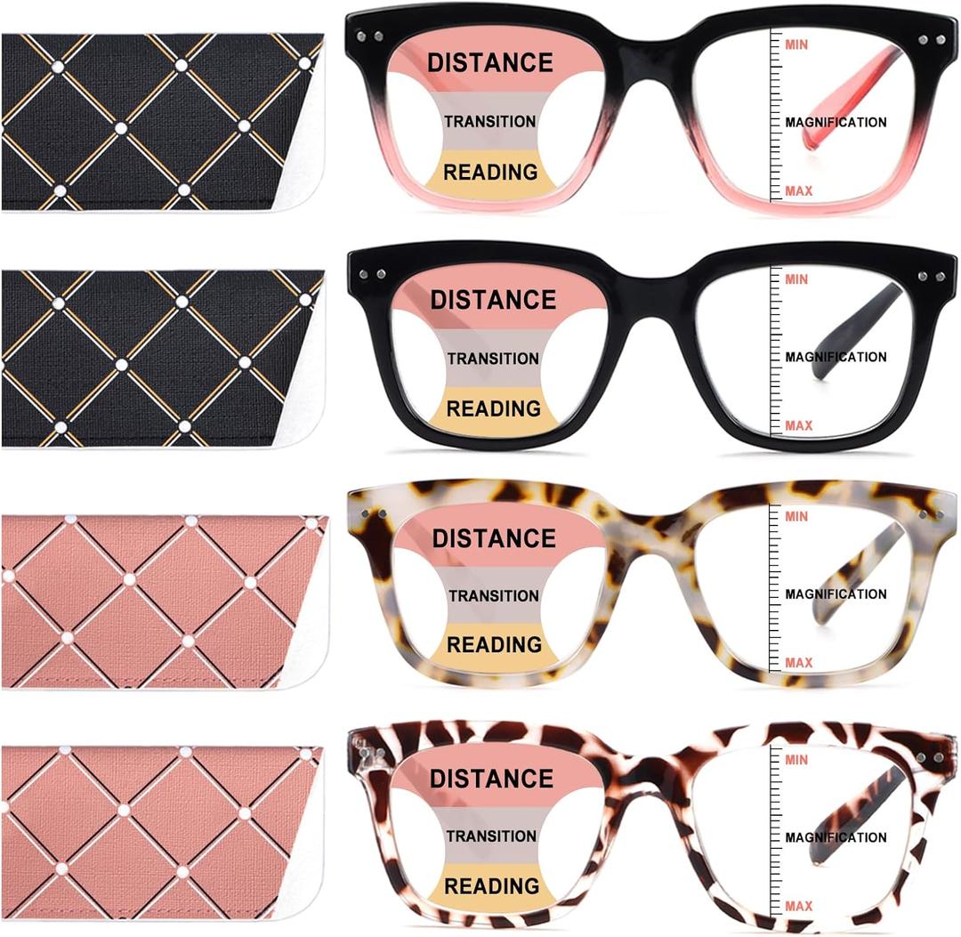 Progressive Multifocus Reading Glasses for Women Men Blue Light Blocking Spring Hinge Square Computer Readers (4 Pack Mixed B)