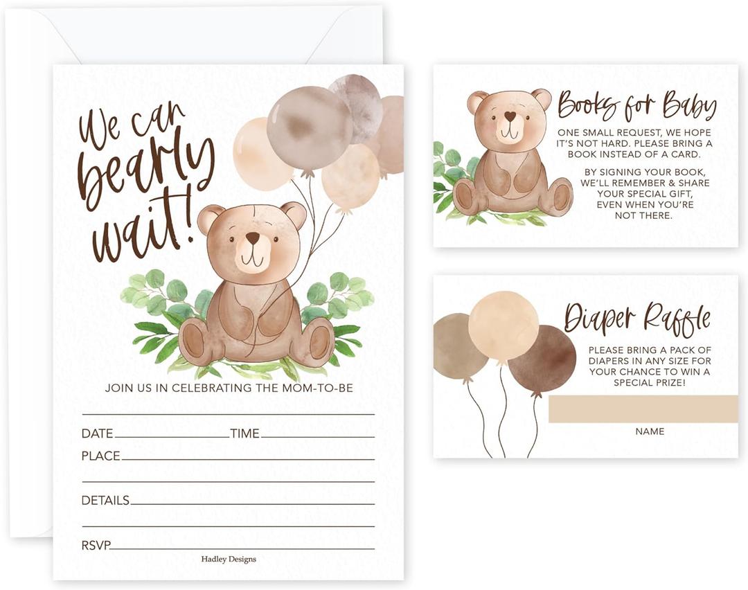 Hadley Designs Baby Shower Invitations for Girl -40 Baby Shower Invites for Boy with Diaper Raffle & Book Request Cards, Teddy Bear Gender Reveal Invitations Gender Neutral, We Can Bearly Wait