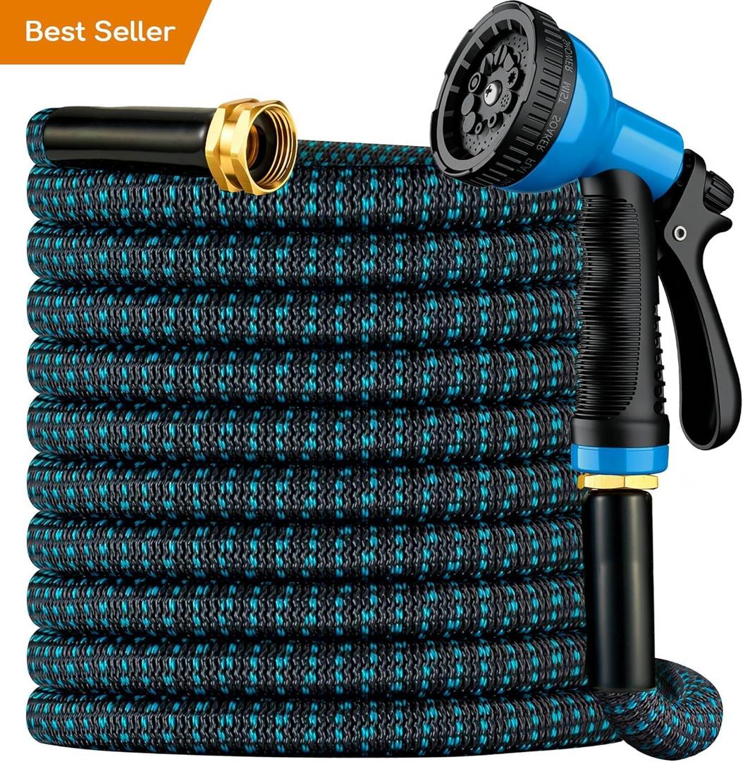 Expandable Garden Hose 100 ft with 10 Function Spray Nozzle, Flexible, Kink Free, Leak-Proof, Ultra Lightweight Retractable Stretch Water Hose 100ft for Yard, Lawn, Car Wash and Outdoor(Black & Blue)
