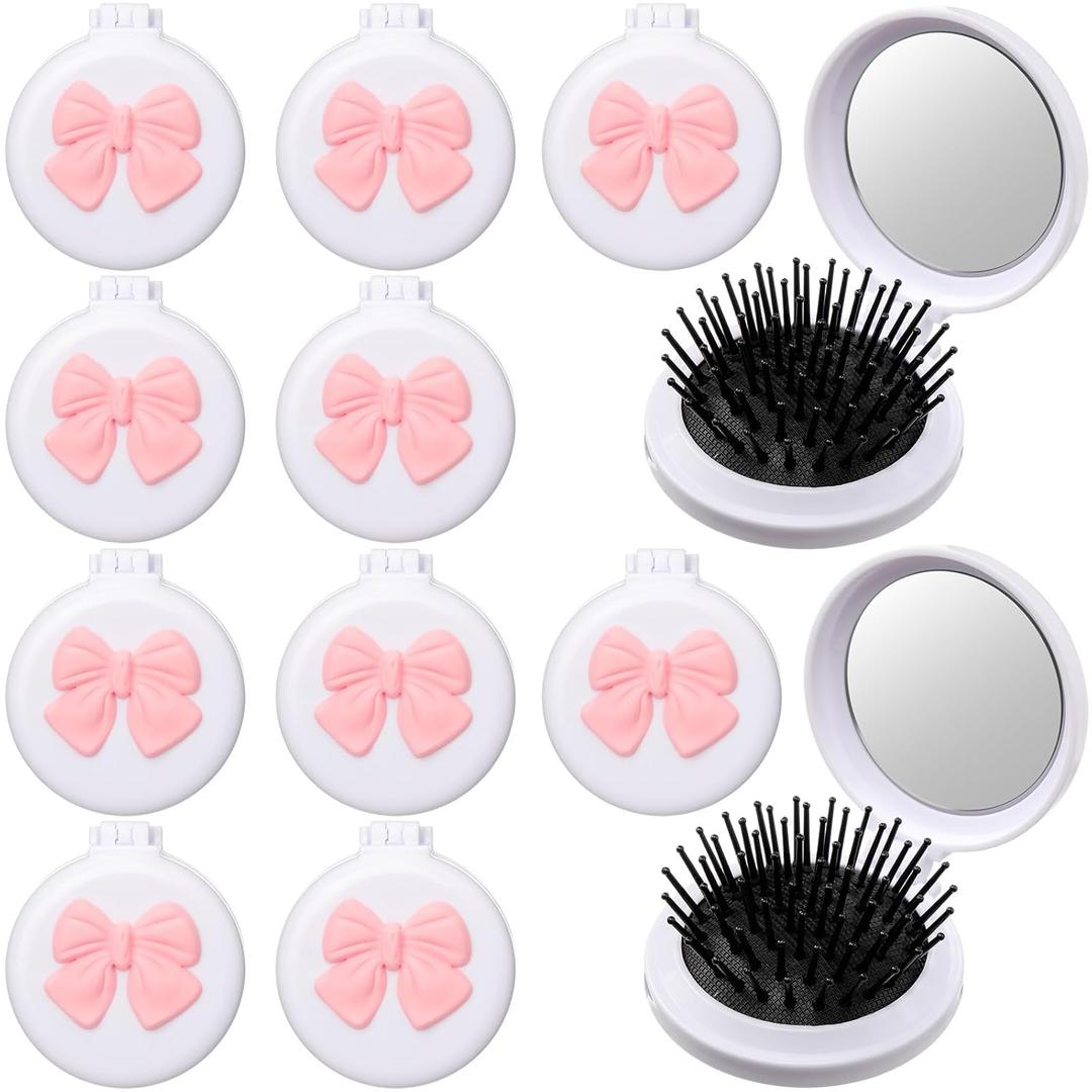 12 Pcs White Coquette Bow Mini Hair Brushes Folding Mirror Coquette Detangler Brush Bulk Round Compact Massage Scalp Comb for Purse Women Travel Team Gifts Trendy Stuff Party Favors