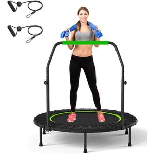 JUSTJUMP 40" Rebounder Trampoline for Adults Indoor Outdoor Fitness Foldable Trampoline Max Load 275lbs with Adjustable Foam Handle 4-Level Height Adjustable (Black)