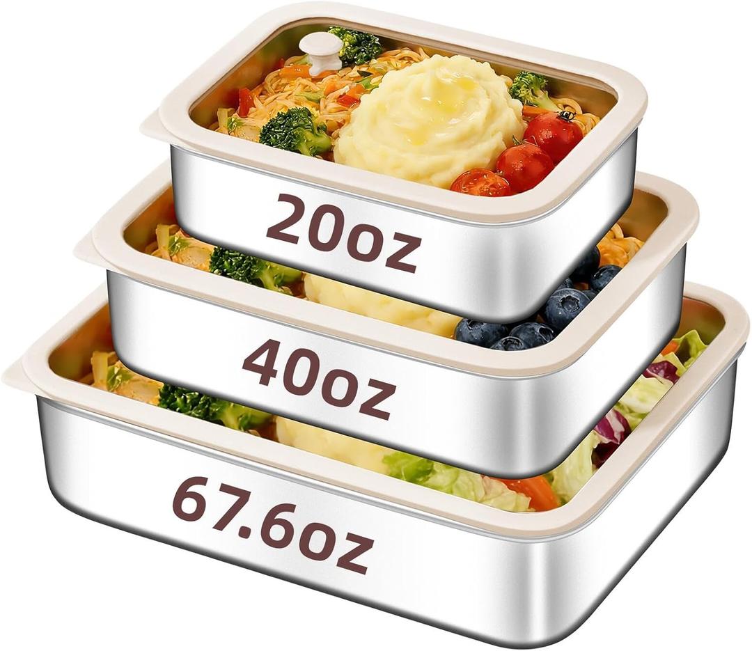 3-Piece Extra Thick 304 Stainless Steel Food Storage Containers with Non-Stick Bottom, Airtight Glass Lids & Silicone Seal, Stackable Kitchen Organization Boxes for Food Preservation