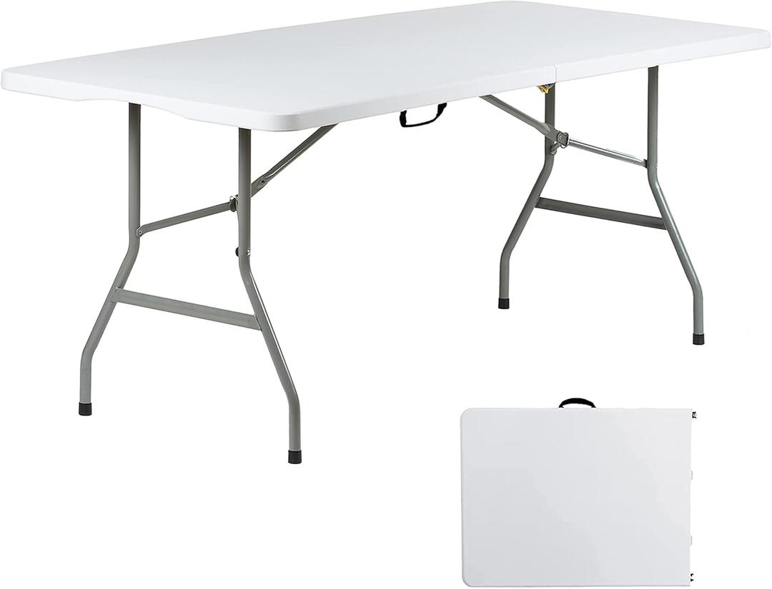 6 Foot Folding Table 6ft Foldable Portable Plastic Tables for Party, Fold-in-Half Heavy Duty Table, 6 Utility Dining Card Long Table, Indoor Outdoor Fold up for Picnic, Camping, White, Large