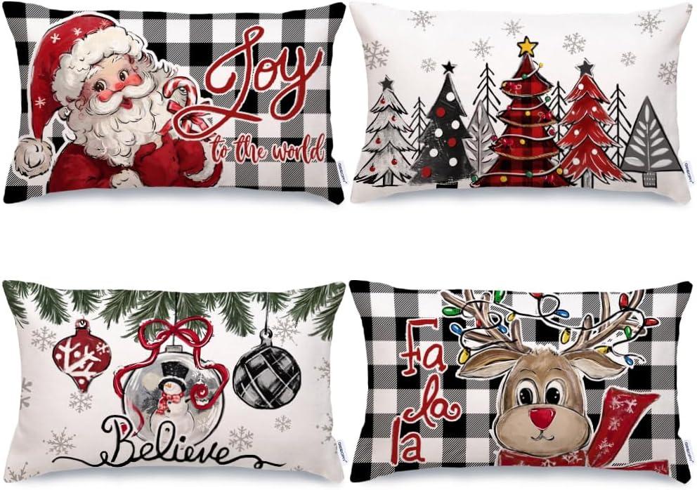 GEEORY Christmas Throw Pillow Covers 12x20 Inch Set of 4, Xmas Trees Balls Santa Reindeer Joy Snowflakes Winter Holiday Farmhouse Decorative Cushion Cases for Home Decoration G613-12