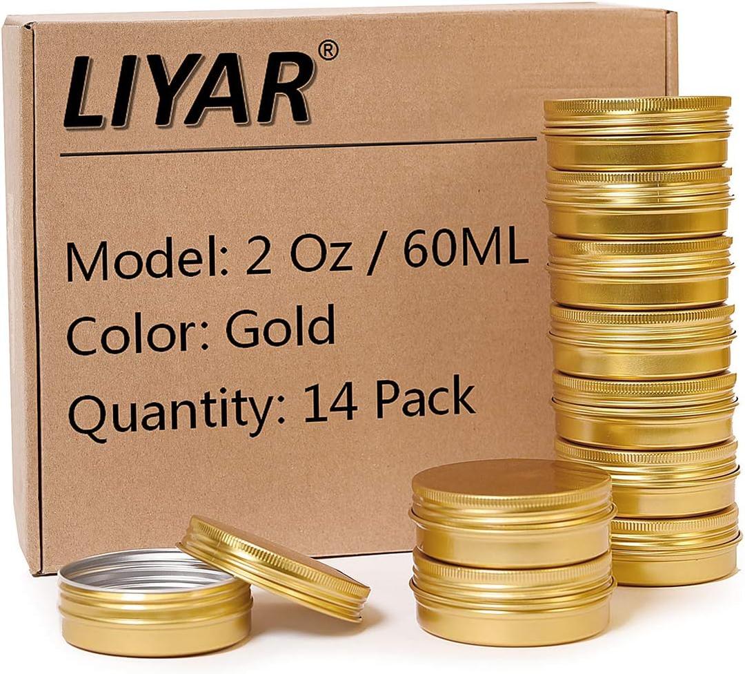 2oz 60ml Metal Storage Tins, Aluminum 2 oz Tins Jars Round Tin Containers, Empty Salve Jars Screw Top Tin Cans for Store Spices,Candies,Tea or Gift Giving,Gold(Pack of 14)