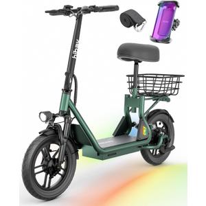 Hiboy Q2 Adult Electric Scooter with Seat & Phone Holder – 500W Motor, 22mi Range, 14" Wheels, Dual Suspension, Neon Lights, Foldable for Commute, Forest Green