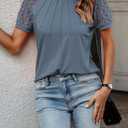 Summer Lace Short Sleeve Top for Women Fashion Pleated Crewneck Loose Blouses (L)