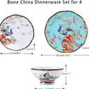 12-Piece Bone China Dinnerware Set for 4, Vintage Turquoise Peacock Floral Plates and Bowls with Hand-Painted Gold Trim, Oriental Tableware, Dishwasher Safe for Daily & Formal Occasions