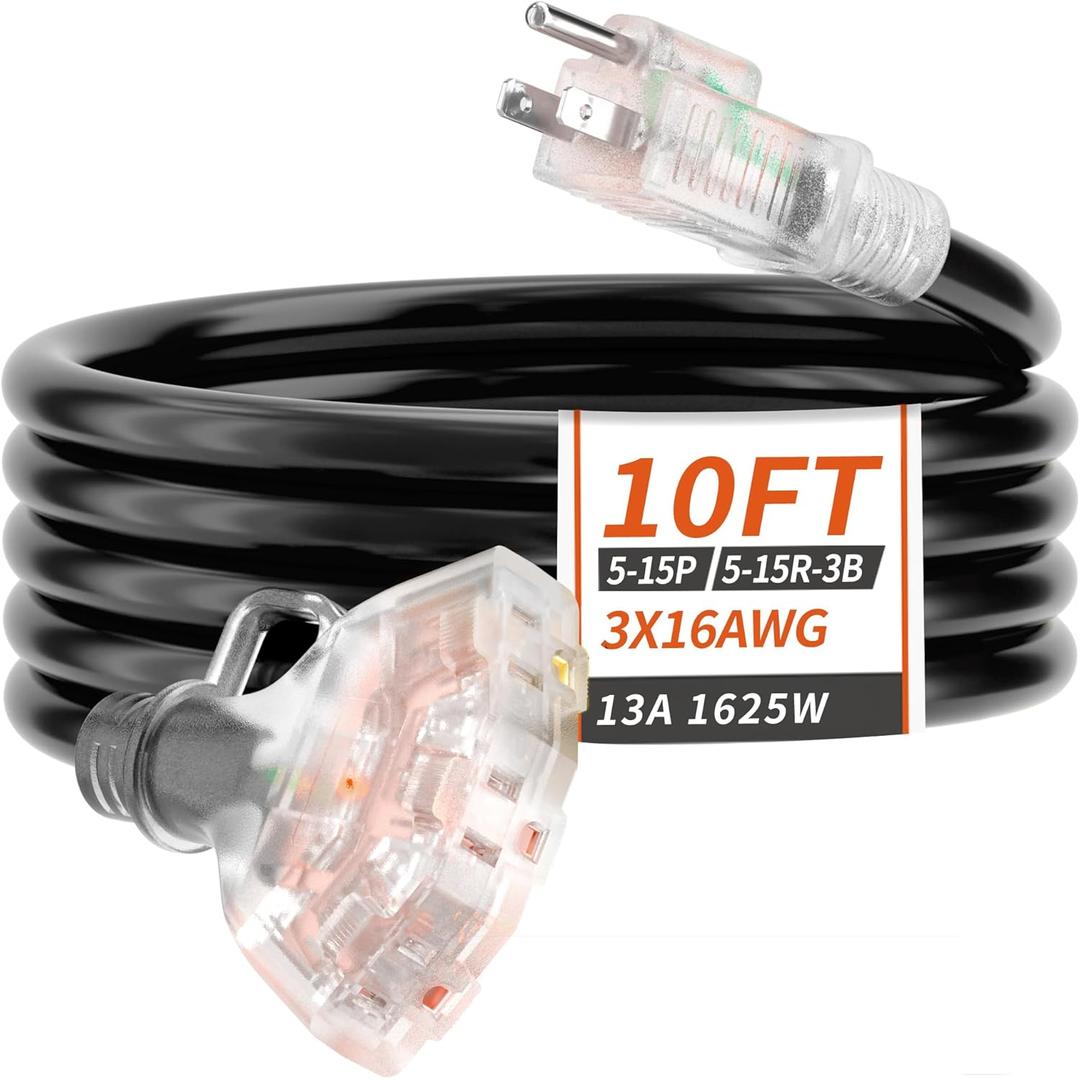 10 FT 16/3 Gauge Outdoor Extension Cord with Multiple Outlets Light Indicator, Flexible 3 Outlet Weatherproof Extension Cord Waterproof Black, 13A 1625W 16AWG SJTW, ETL Listed