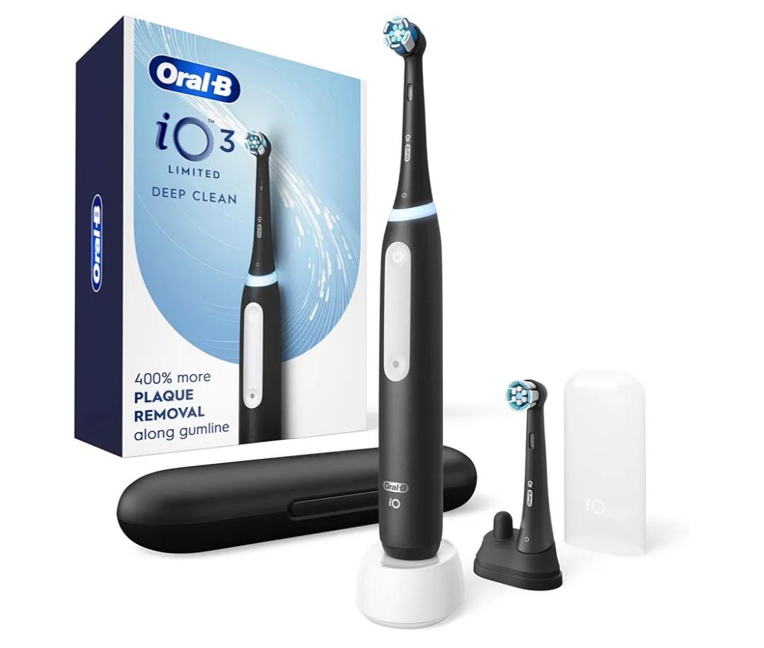 OralB iO Deep Clean Rechargeable Electric Toothbrush, Black, iO Series 3 Limited, 2 Brush Heads, Travel Case, Pressure Sensor, 3 Cleaning Settings