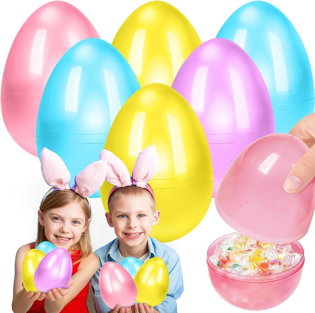 6 Pcs Large Easter Eggs Fillable, 6 Inch Colorful Jumbo Plastic Empty Egg Stand Upright for Easter Eggs Hunt Basket Stuffers Fillers Filling Treats Party Favor Classroom Prizes Supplies (Clear)