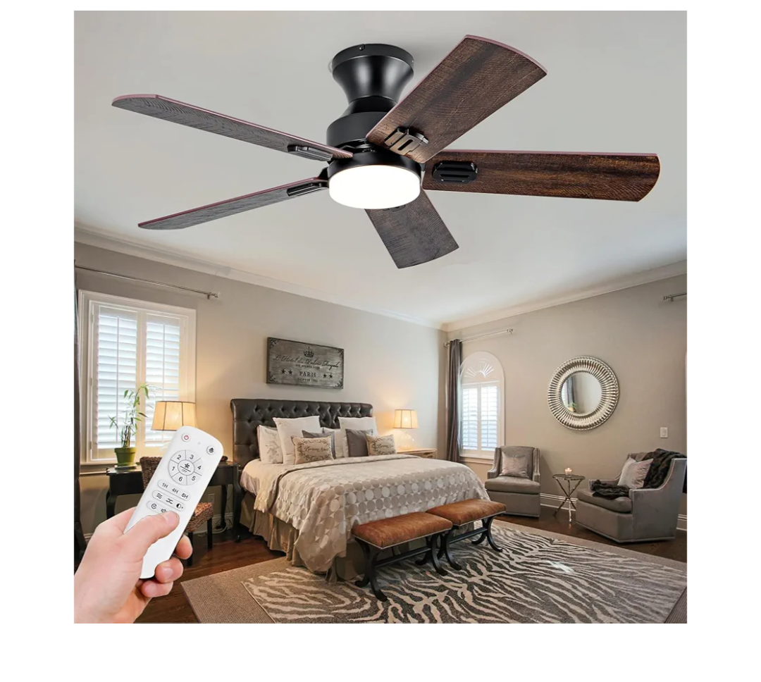 TALOYA 52 Inch Black Ceiling Fans with Lights Led Remote Control Flush Mount Low Profile for Bedroom Living Dining Room Outdoor Farmhouse Patio,Reversible,DC Motor,Diammable,Buzzer ON/Off,5 Blades