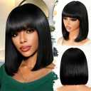 Bob Human Hair Wig with Bangs Silky Straight Glueless Wigs Human Hair 150% Density Black Bob Wig with Bangs None Lace Machine Made Wigs for Black Women 12Inch