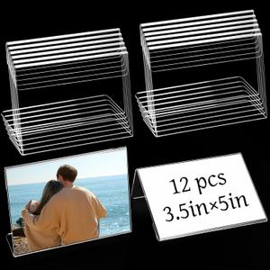 12 Pcs 3.5 x 5 Inch Acrylic Picture Frame Slant Back Sign Holders Clear Display Holder L Shaped Display Stand for Place Cards, Name Card, Wedding Signs