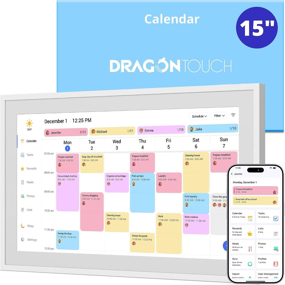 Dragon Touch 15.6" Digital Calendar Chore Chart 1080P Full HD Touchscreen, Smart Family Planner, Hearth Display Digital Calendar Wall & Desk Mountable, Fiberboard, White, 11.5"W x 20.1"H
