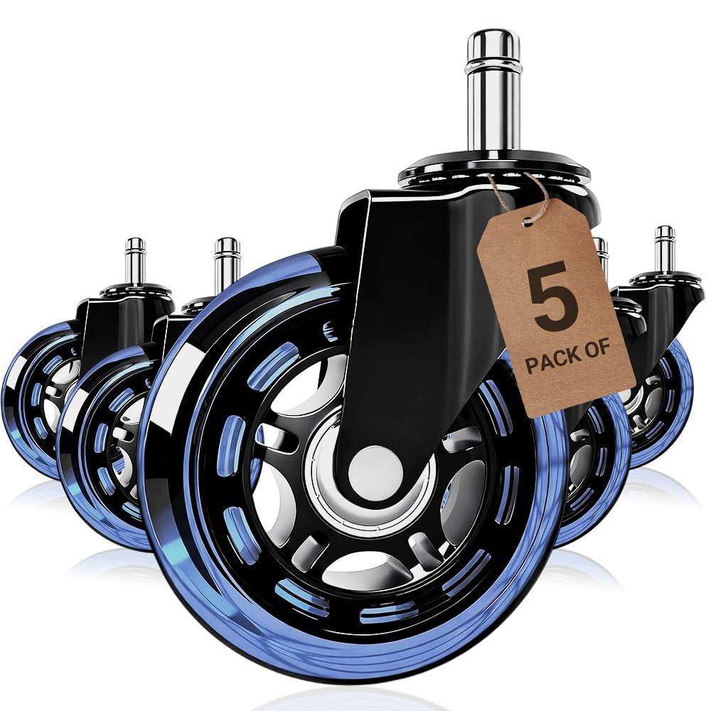 Blue Office Chair Casters, 3 Inch Heavy-Duty Rubber Chair Casters Replacement, Computer Gaming Desk Chair Casters Wheels-Set of 5, Smooth Rolling for Hardwood Carpet Tile Floors, 11*22mm Universal fit