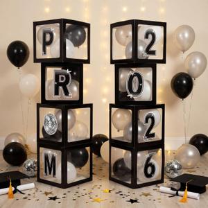 Foilswirl Class of 2026 Prom Graduation Decorations Set of 8 Black Clear Boxes with 35 Balloons and 8 Letters 2026 Prom Black and Silver Congrats Grad Party Supplies for Senior Night Any Grades