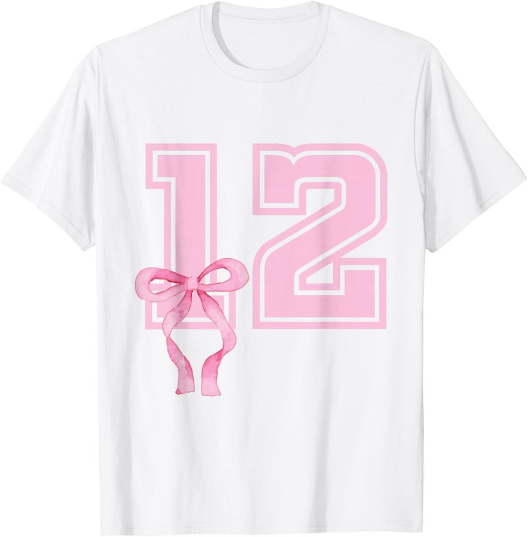 12 Years Old Birthday Girl Coquette Pink Bow Aesthetic T-Shirt (S, White)
