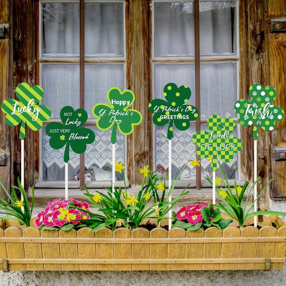 6 Pcs St Patricks Day Decorations Outdoor 13 Inch Stakes Metal Shamrock Decorative Garden Stake for Lucky Saint Patricks Yard Signs for Irish Party Decoration Garden Lawn Porch Pot