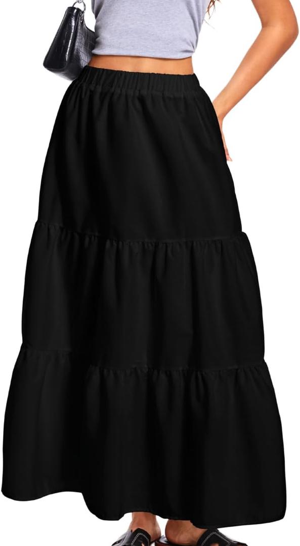 Kaei&Shi Womens Boho High Waisted Gingham Long Maxi Skirts Summer (Small, Black)