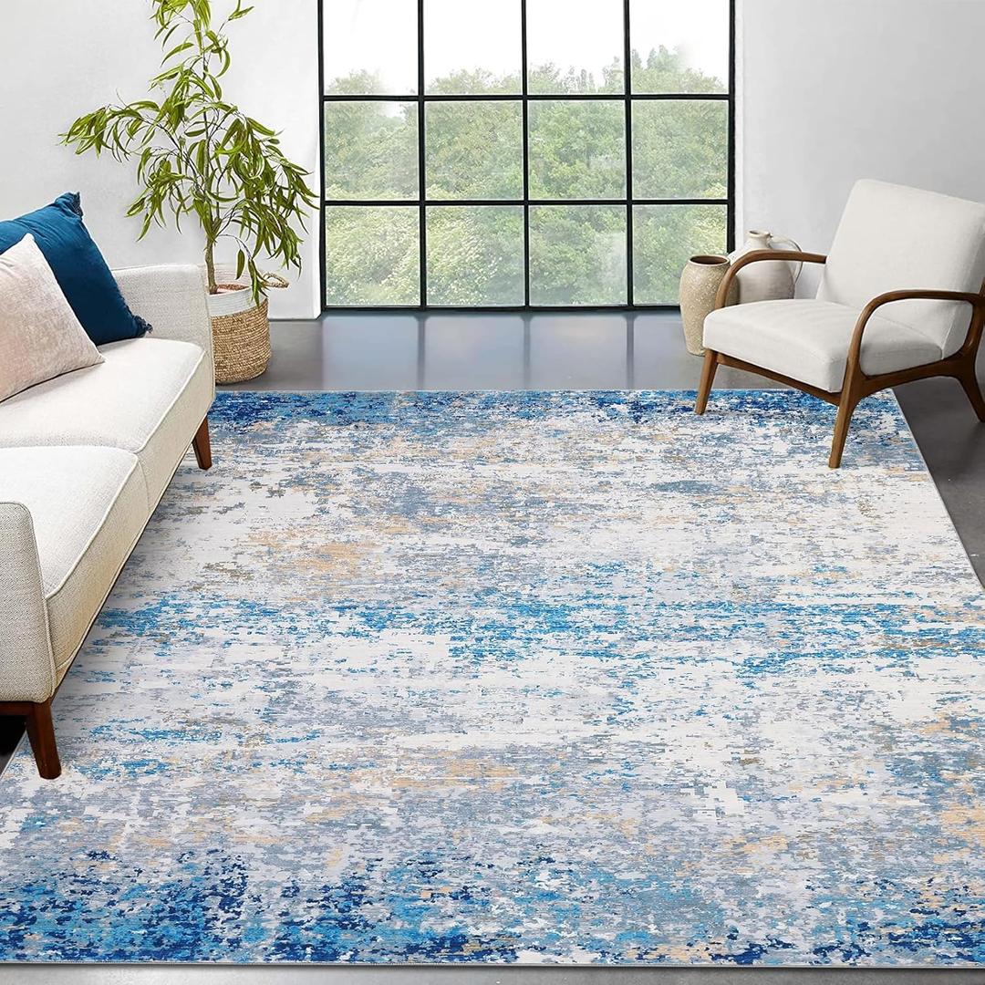 ROYHOME 9x12 Modern Abstract Accent Rug Non Slip Stain Resistant Throw Rug Low Pile Machine Washable Indoor Floor Cover for Bedroom Living Room Office Home Decor, Blue/Grey