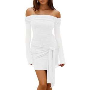 HOCILLE Women's Sexy Off The Shoulder A Line Midi Dresses Long Sleeve Elegant Formal Wedding Guest Party Cocktail Dress, Medium, White