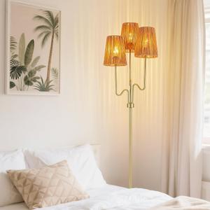 MAYNA Bohemian Floor Lamp, 68 in. Rattan Floor Lamp with Rattan Shade, 3-Light Tree-Shaped Stand Lamp for Bedroom, Nursery, E26 Socket, Living Room(Gold)