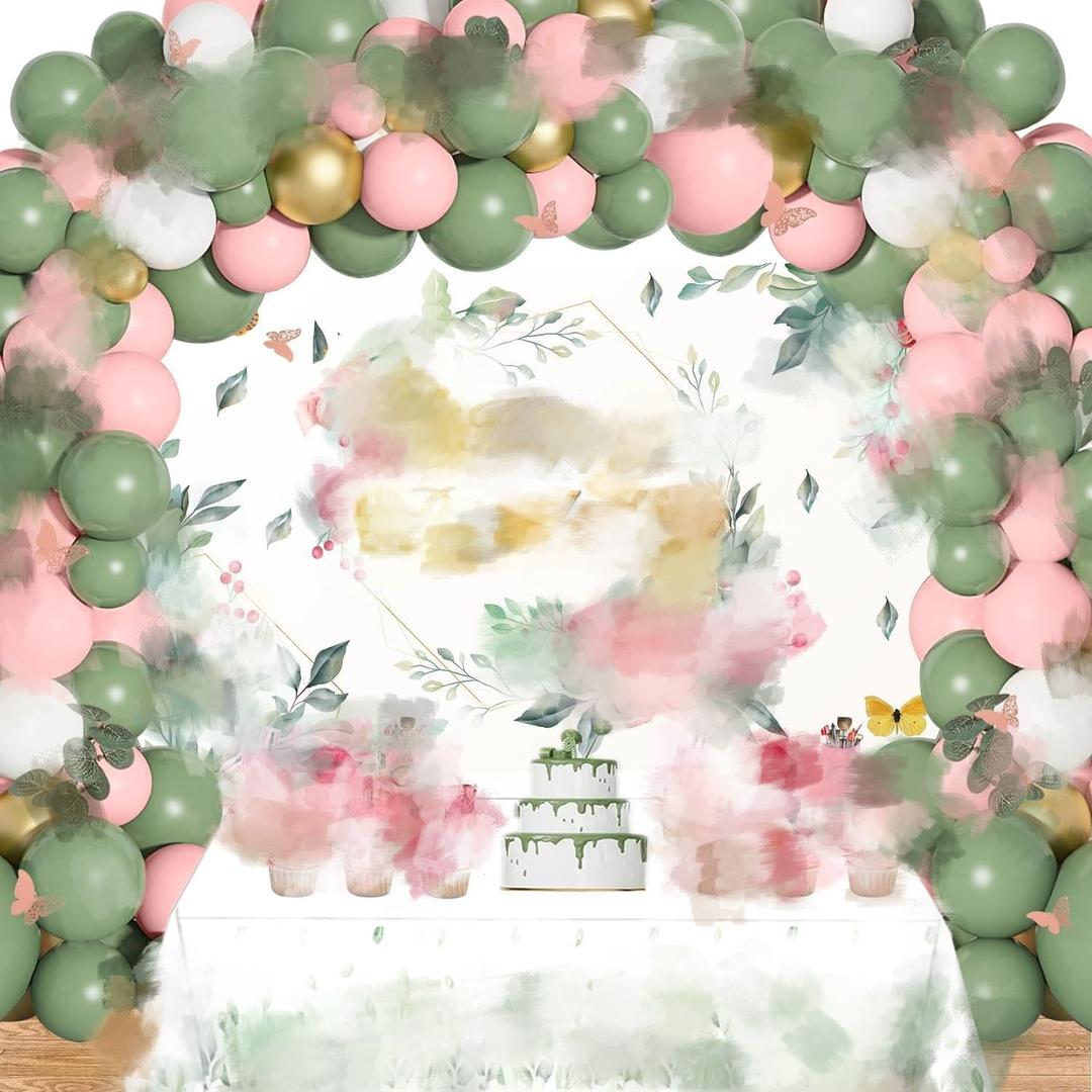 Yancan Sage Green Birthday Decorations Women Birthday Party Supplies Including Floral Backdrop, Sage Green Pink Balloons Garland Arch Kit, Tablecloth, Cupcake Toppers for Girls